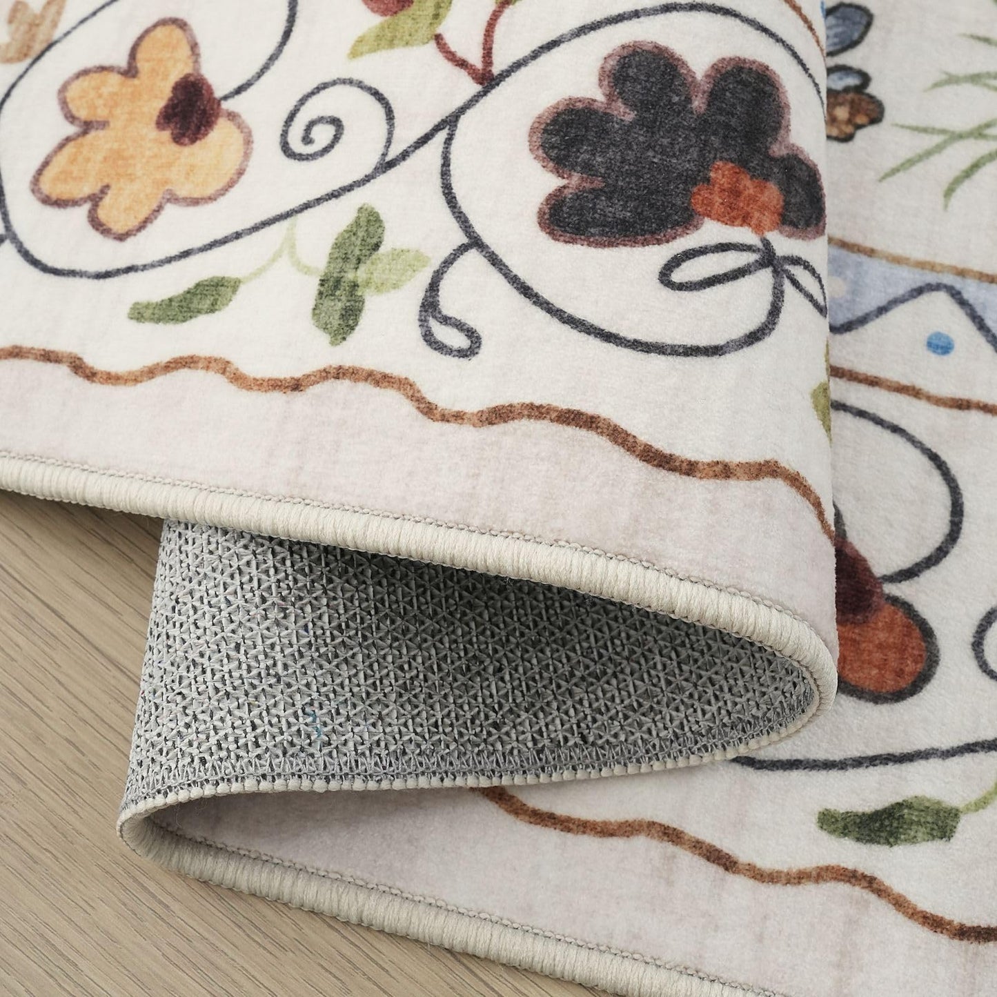 Rugcomf Living Room Rug 5x7 Rug Machine Washable Boho Area Rug Non Slip Floral Animal Cat Vintage Low Pile Large Rugs for Living Room Bedroom Farmhouse Dining Room Kids Playroom, Beige