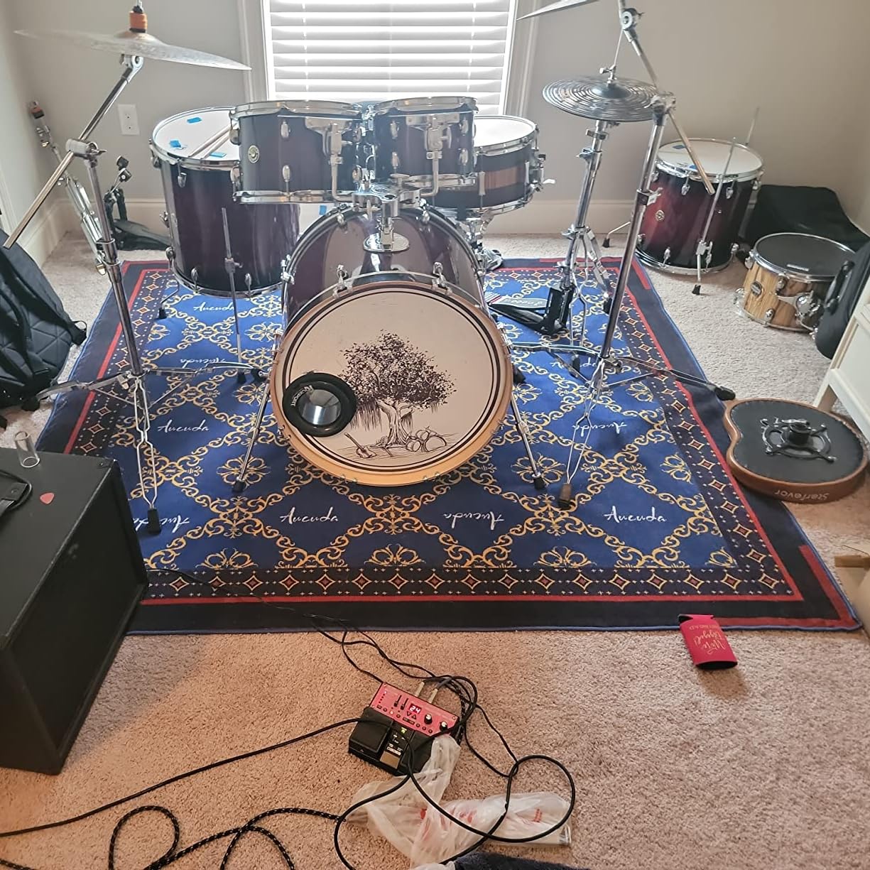 Aucuda Large Drum Rug 6x6.6 ft Drum Mat Outdoor, Tightly Woven Fabric Cool Drum Set Carpet with Non-Slip Grip Bottom, Electric Drum Accessories for Studio, Apartment, Soundproof, Guitar, No Crease.
