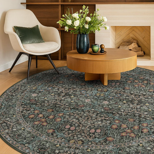 Washable Round Area Rug 6ft for Living Room, Non Slip Circle Rugs for Bedroom, Dining Room, Nursery, Kitchen, Home Office, Vintage Moody Dark Green Floral Low Pile Circular Carpet Indoor