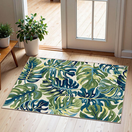 Othilic Front Door Mat Outside Entrance - 2x3 Boho Non-Slip Washable Spring Doormat Indoor Outdoor Entrance Tropical Green Blue Leaf Rug Small Throw Rugs for Entryway Bedroom Kitchen Front Porch Decor