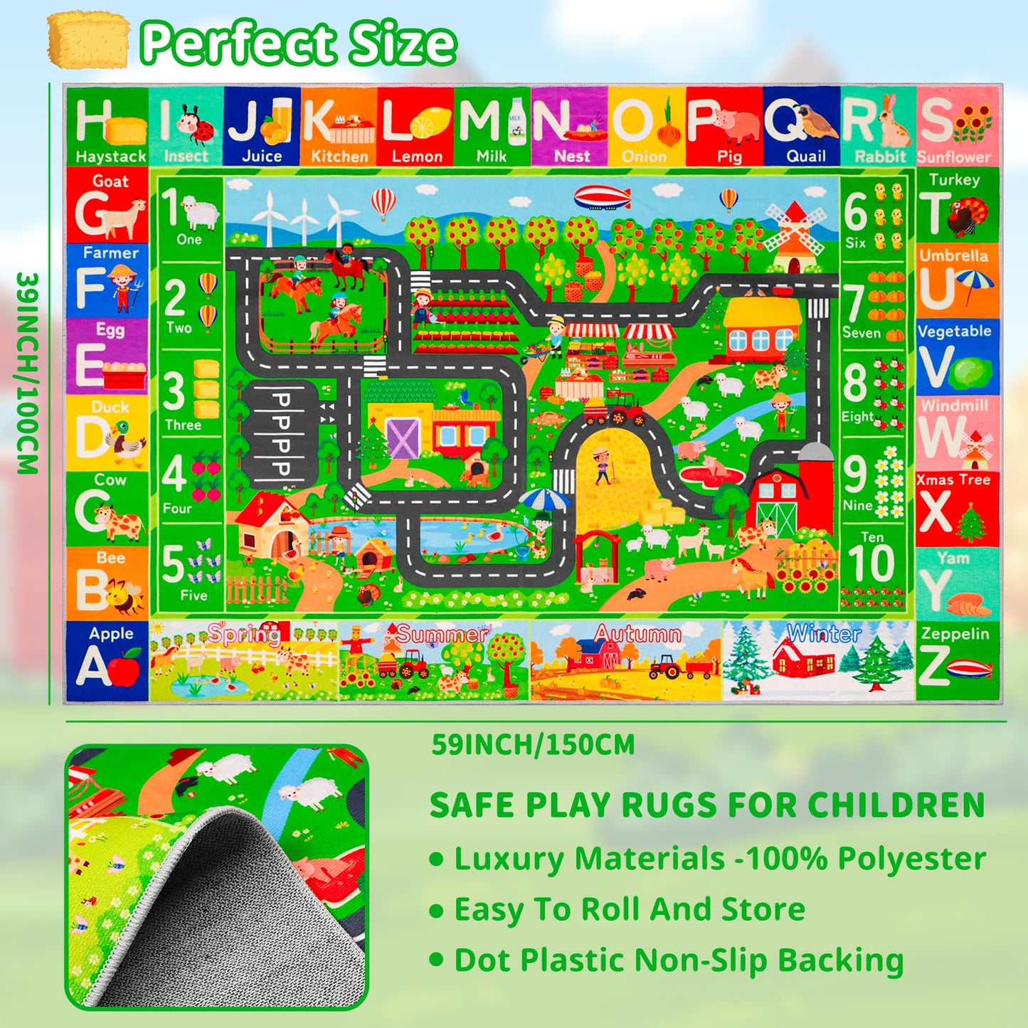 DINSUMRUG Kids Rugs for Toy Cars Playroom 59"×39.4" ABC Farm Life Road Traffic Kids Car Road Rugs Village Map Play Mat for Boys Room Family Tummy Time Playtime Learning Carpet