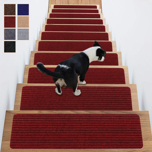 Antdle Carpet Stair Treads for Wooden Steps Non-Slip Indoor 16pcs 8x30inch Safety Rug Slip Resistant Indoor Runner for Kids Elders and Pets with Reusable Adhesive,Dark Red