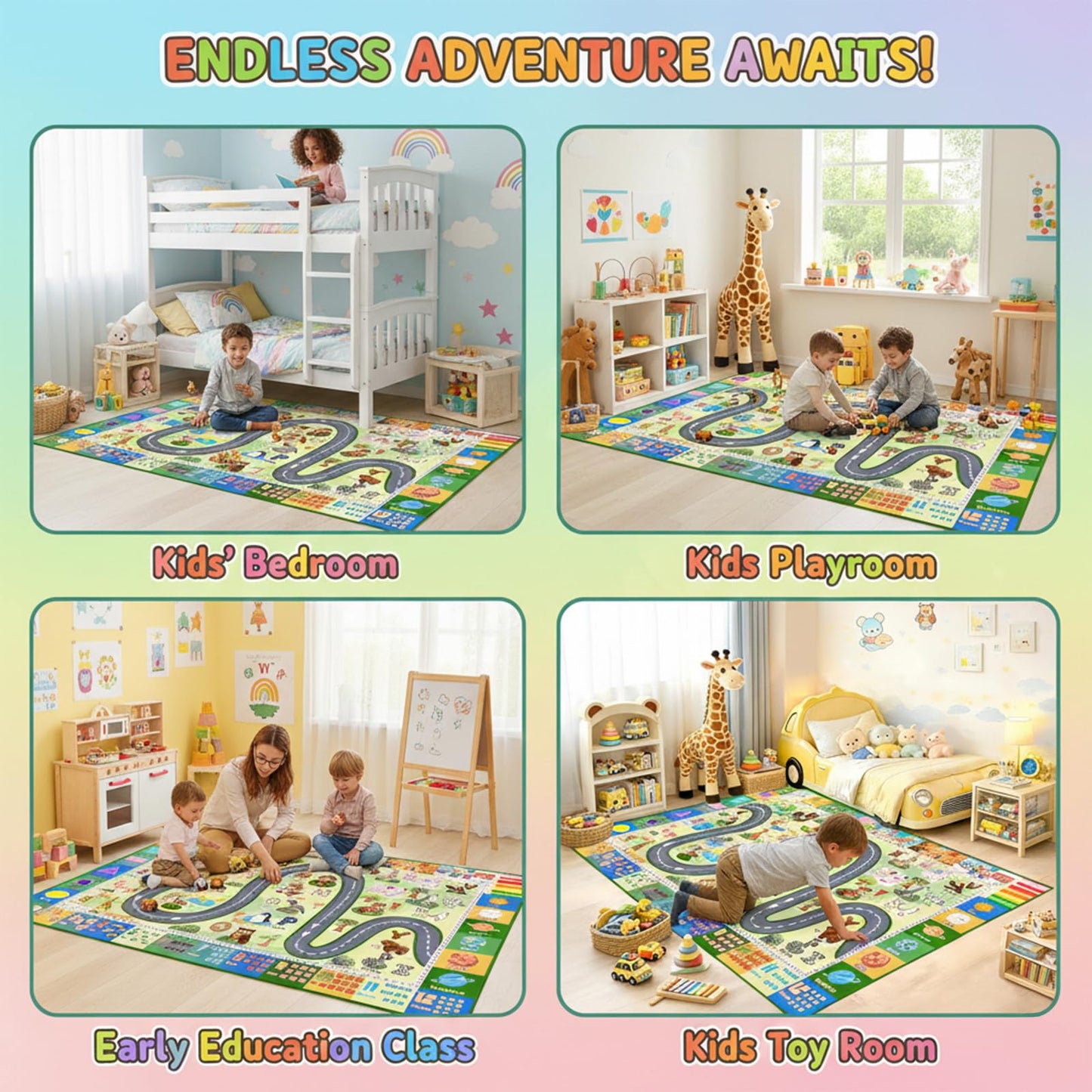 FJKJHKGJ ABC Rugs for Kids Playroom, 3x5 Feet Learning Rug for Kids Room with Car Track & Animals, Non-Slip Educational Floor Mat for Toddler Nursery Classroom, Green