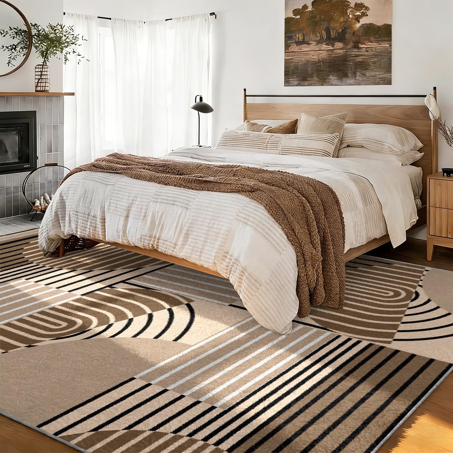 5x7 ft Mid Century Modern Geometric Area Rug, Boho Brown Beige Abstract Carpet, Soft Non-Slip Living Room Rug for Bedroom & Office, Washable Low Pile Floor Mat, Easy to Clean