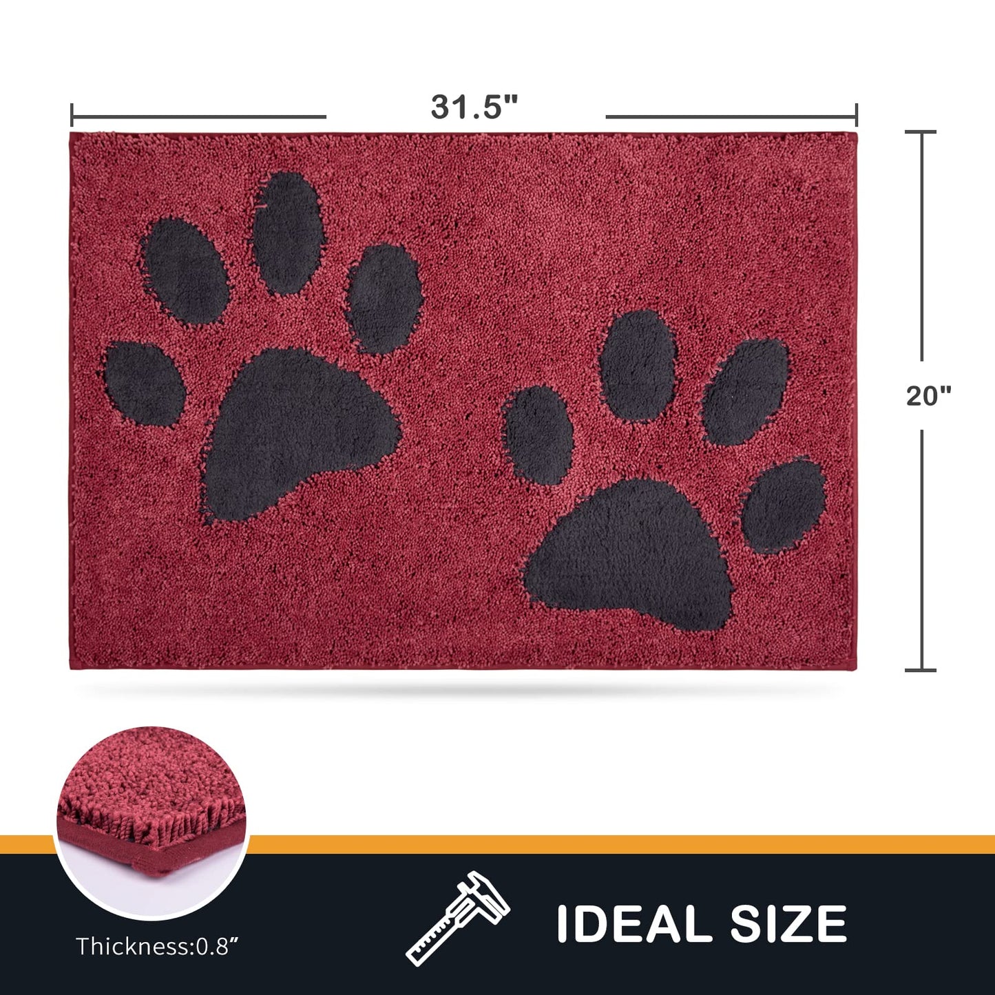 PURRUGS Dirt Trapping Door Mat 20" x 31.5", Non-Skid/Slip Machine Washable Microfiber Entryway Rug, Dog Doormat, Super Absorbent Welcome Mat for Muddy Wet Shoes and Paws, Burgundy Red