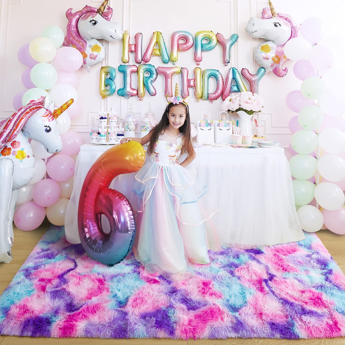 5x7 Large Tie-Dyed Pink Purple Blue Area Rug for Kids Living Room Bedroom, Fluffy Shag Soft Plush Furry Carpet, Non-Slip Indoor Floor Mat for Dining Room Home Decor