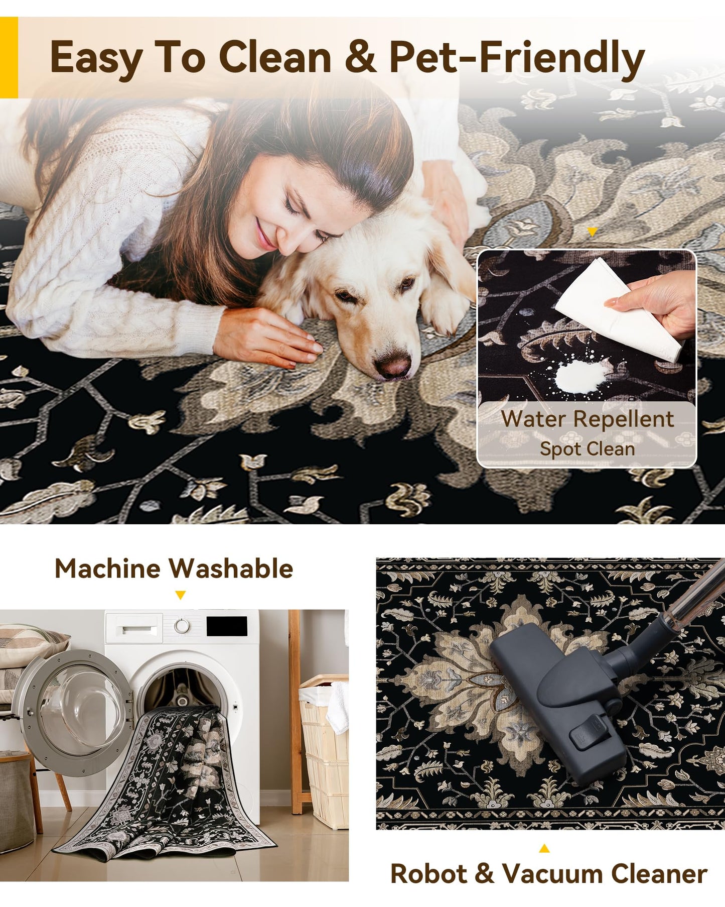 RELEANY Area Rugs 8'x10' Washable Non-Slip, Floral Vintage Distress Medallion Carpet for Living Room Bedroom Dining Room, Black Brown Neutral Dark Tan