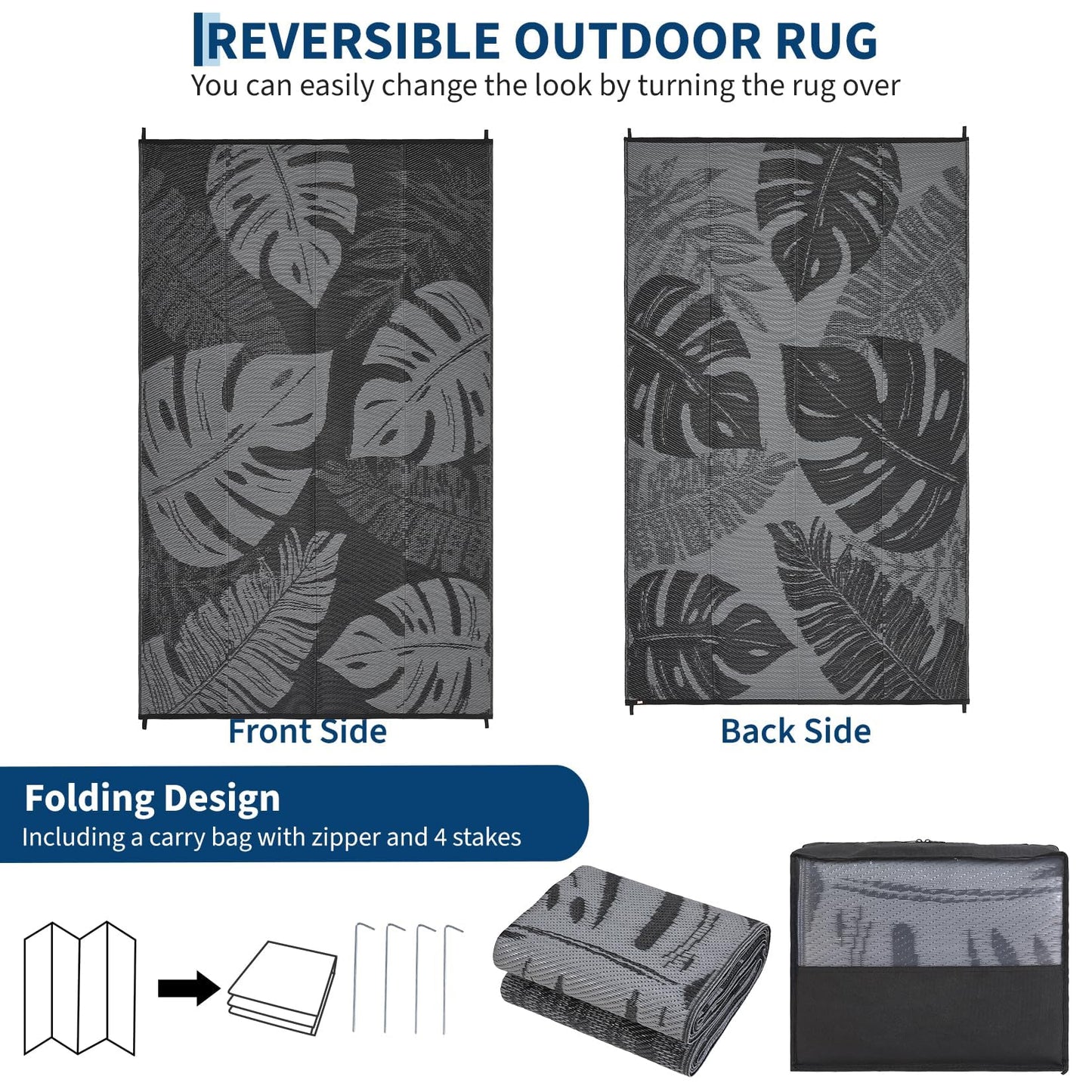MilleLoom Outdoor Rug 8x10 Waterproof Patio Rugs Modern Leaf Print Reversible Mat for Front Door Rv Foldable Plastic Straw Carpet for Travel Trailers, Deck, Porch, Camper, Balcony, Beach，Black/Grey
