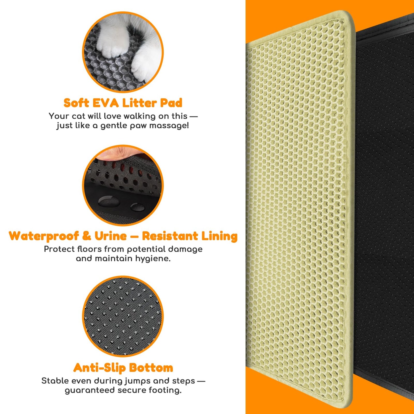 blissstorm Waterproof Cat Litter Mat - New 24x16 Inch Honeycomb Double Layer Traps Litter, Waterproof & Non-Slip Floor Protector, Easy Clean, Odor-Free, Cream