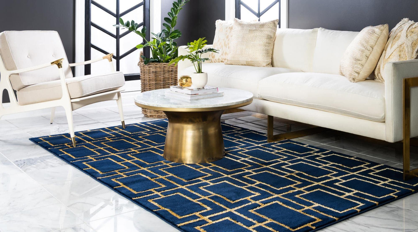 Unique Loom Glam Collection Area Rug - Deco (10'x 14' 1" Rectangle, Navy Blue Gold/ Gold)