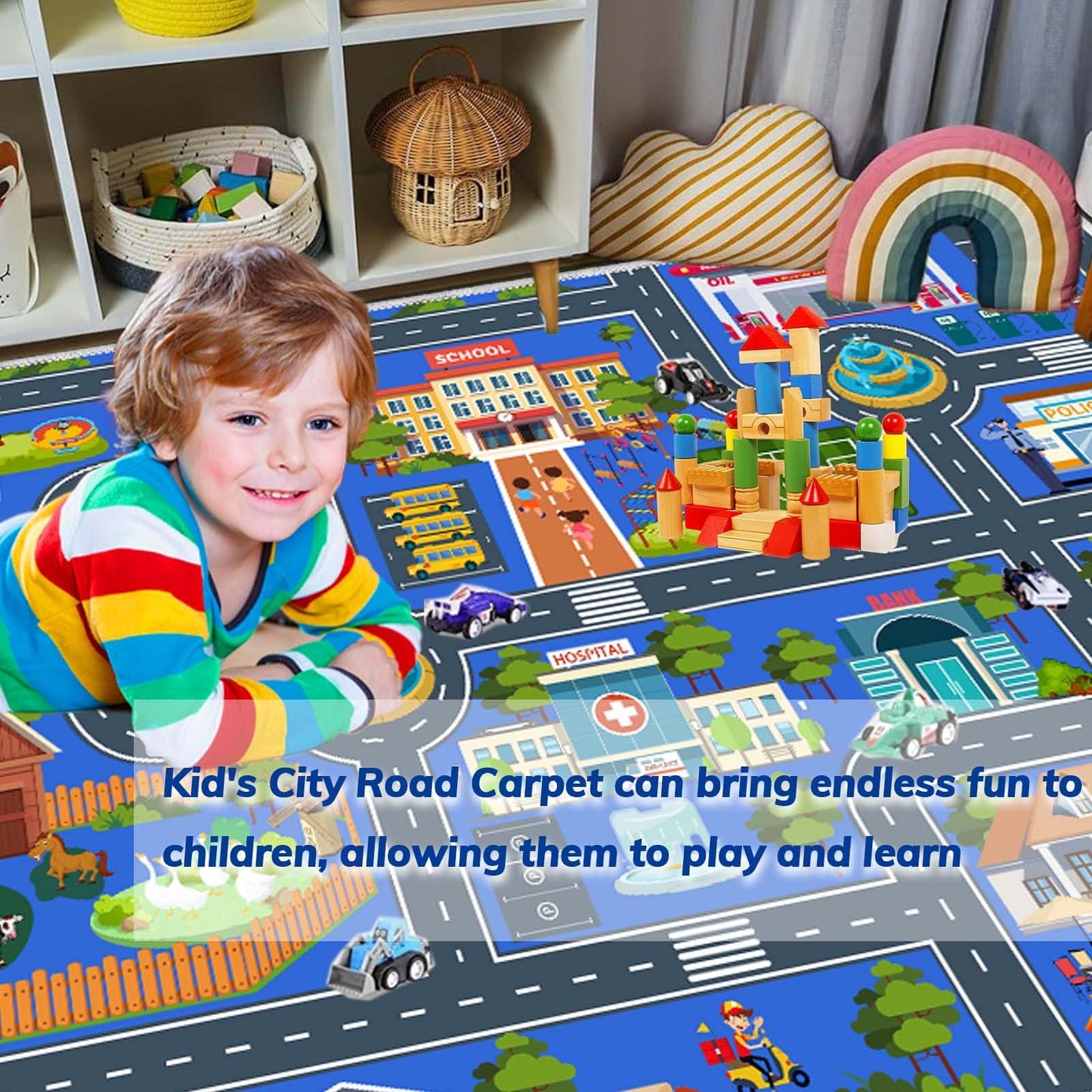 VNUVCOE Kids Road Car Rug, 31''x47'' Playroom Rugs City Road Race Track Rugs for Playing Cars Toys, Kids Car Rug Play Mat Road Carpet for Kid.