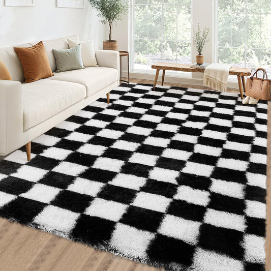 Garvee Checkered Area Rug 9x12 Large Rug Thick Super Soft Shaggy Rugs Fluffy Carpet Fluffy Fuzzy Shag Washable Rugs for Living Room Nursery Bedroom Luxury Playroom Teen Plush Carpets,Black and White