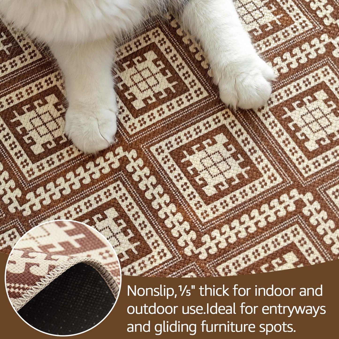 jinchan 5x7 Washable Faux Jute Area Rug, Geometric Diamond Natural Fiber Look Carpet, Vintage Tile-Inspired Low-Pile Non-Slip Large Outdoor Rug for Living Room Dining Room Bedroom, Terracotta Brown