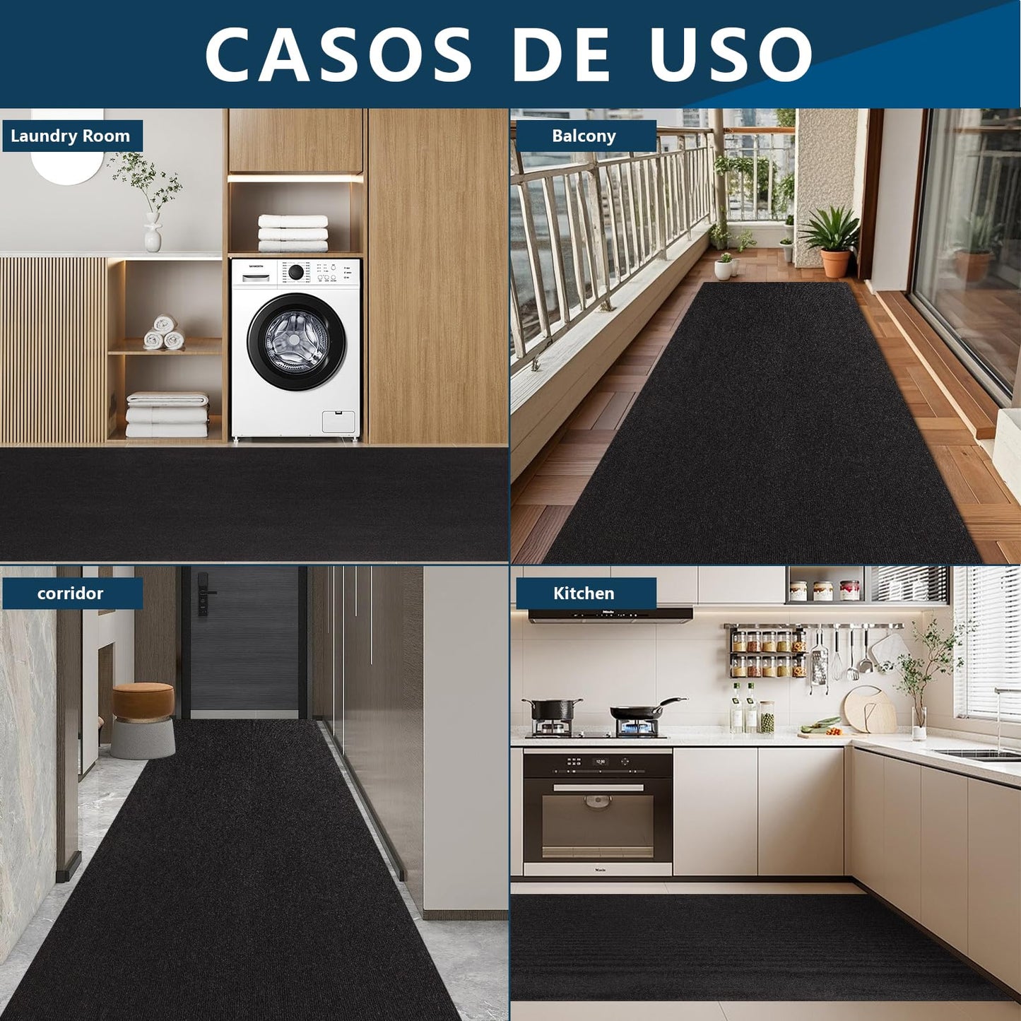Outdoor Runner Rug 3 ft x 10 ft for Hallway with TPR Backing, Black Fine Stripes Non-Slip Indoor Runner Rugs Suitable for Balcony, Kitchen, Patio, Garage, Deck, Stair and Entryway Areas