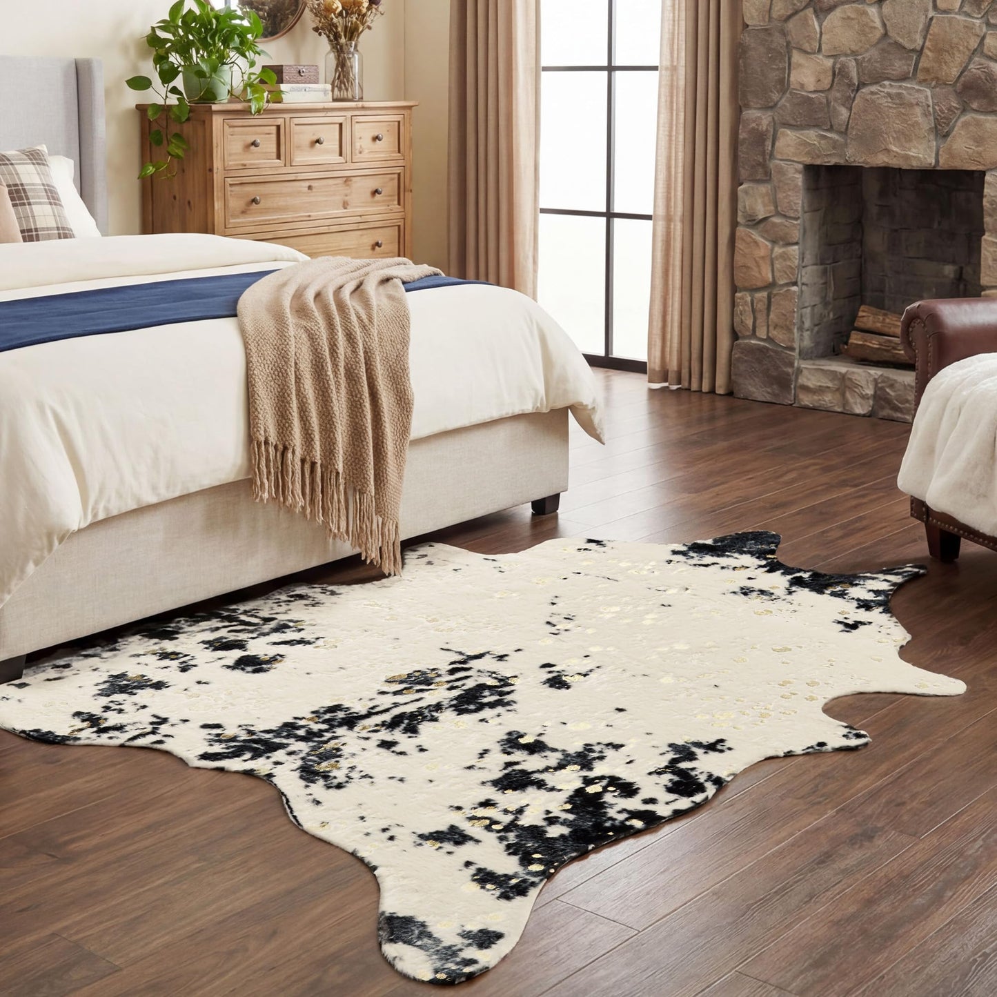 JONIYEAR Large Durable Faux Cowhide Area Rug 4.9 x 6.56 Feet, Premium Cow Print Rug for Living Room Bedroom, Durable Faux Fur Animal Cow Hide Carpet for Western Farmhouse Decor, Black and Gold Spot