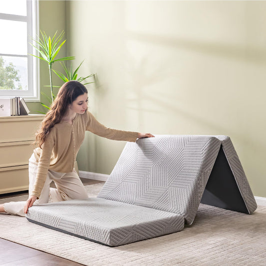 CH Charme House Folding Mattress Topper, 4 Inch Single Tri Folding Memory Foam Mattress Topper for Camping Guest Bed, Washable Cover & Non-Slip Bottom, 75" x 25" x 4", Grey