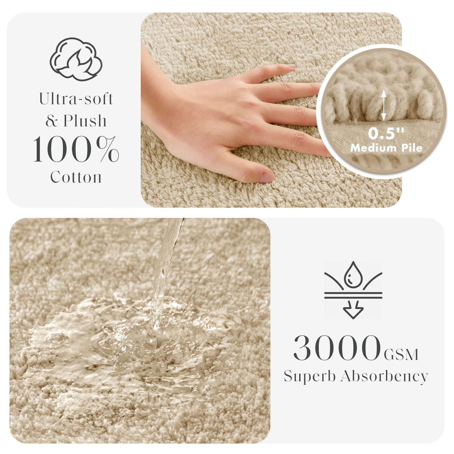 Madison Park Splendor Reversible 100% Cotton Tufted Bathroom Rug-3000 GSM Hotel Quality Luxurious Plush Medium Pile Bath Mat Absorbent, Quick Dry, Shower Room Décor, 21x34, Natural