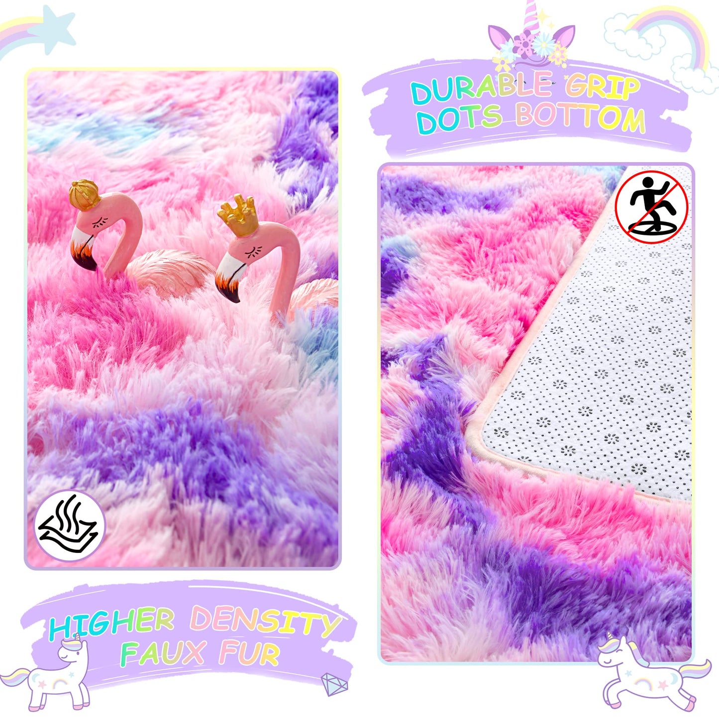 4x6 Tie-Dyed Pink Purple Blue Area Rug for Kids Bedroom Living Room, Fluffy Shag Soft Plush Furry Carpet, Non-Slip Indoor Floor Mat for Dining Room Home Decor