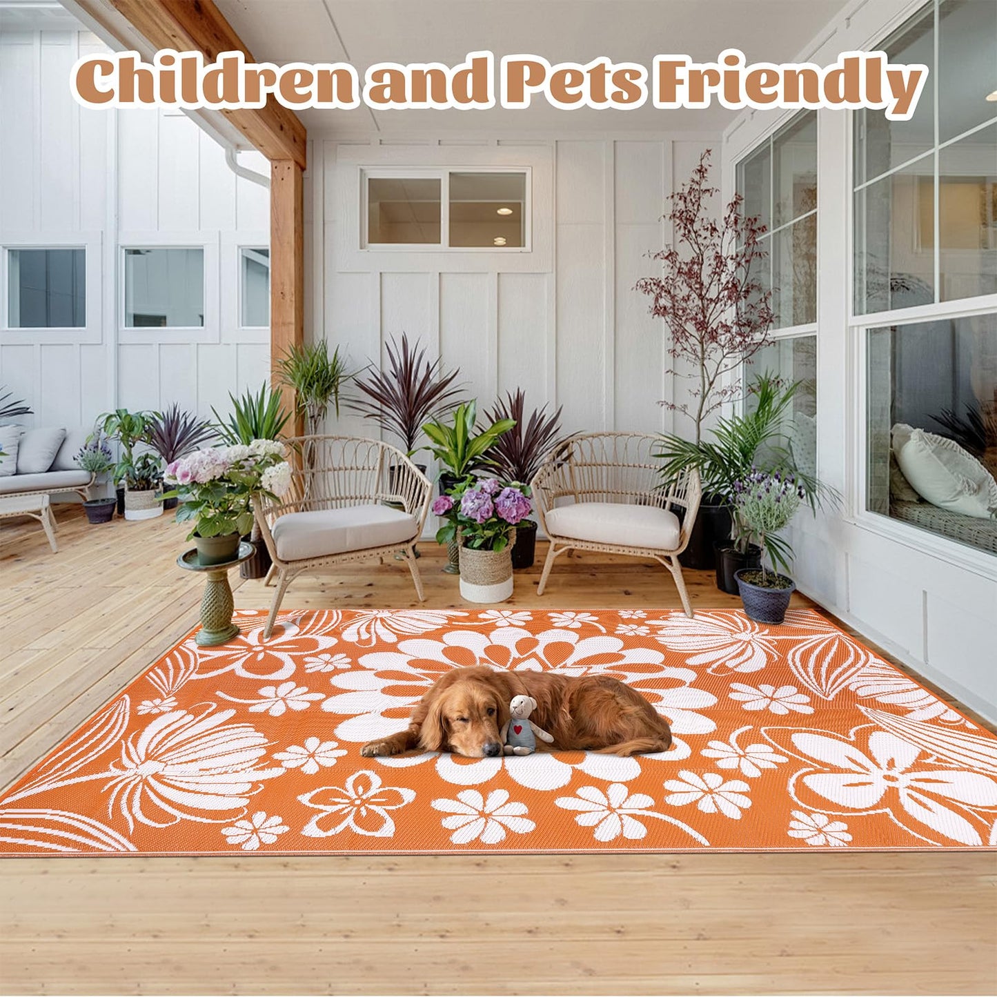 Ileading Outdoor Patio Rug, Orange Floral Reversible Outdoor Rug, Waterproof Plastic Straw Mat, Portable Outside Deck Area Rug, Camping RV Carpet for Porch Balcony (6×9 ft)