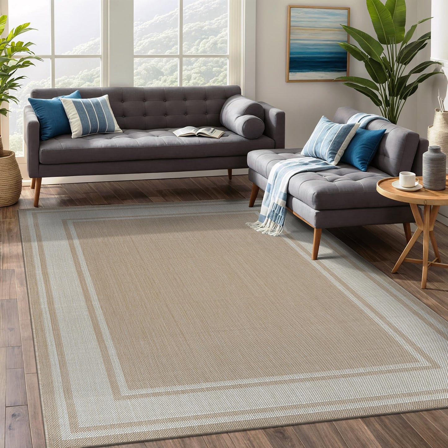 Beverly Rug Large Outdoor Rug 9x12 Modern Bordered Area Rugs for Indoor and Outdoor Patio Deck Porch Garden Waterproof Weather Sun Resistant Washable Outside Carpet (9 x 12 Beige)