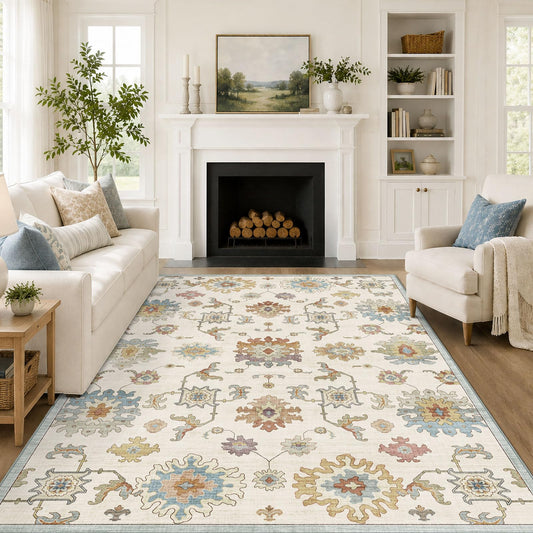 BLISSA Washable 5x7 Area Rug - Soft Oriental Oushak Print Bedroom Rug Cream Multi Non-Slip Ultra-Thin Distressed Boho Vintage Carpet for for Living Room Dining Room Nursery Playroom Home Office Decor