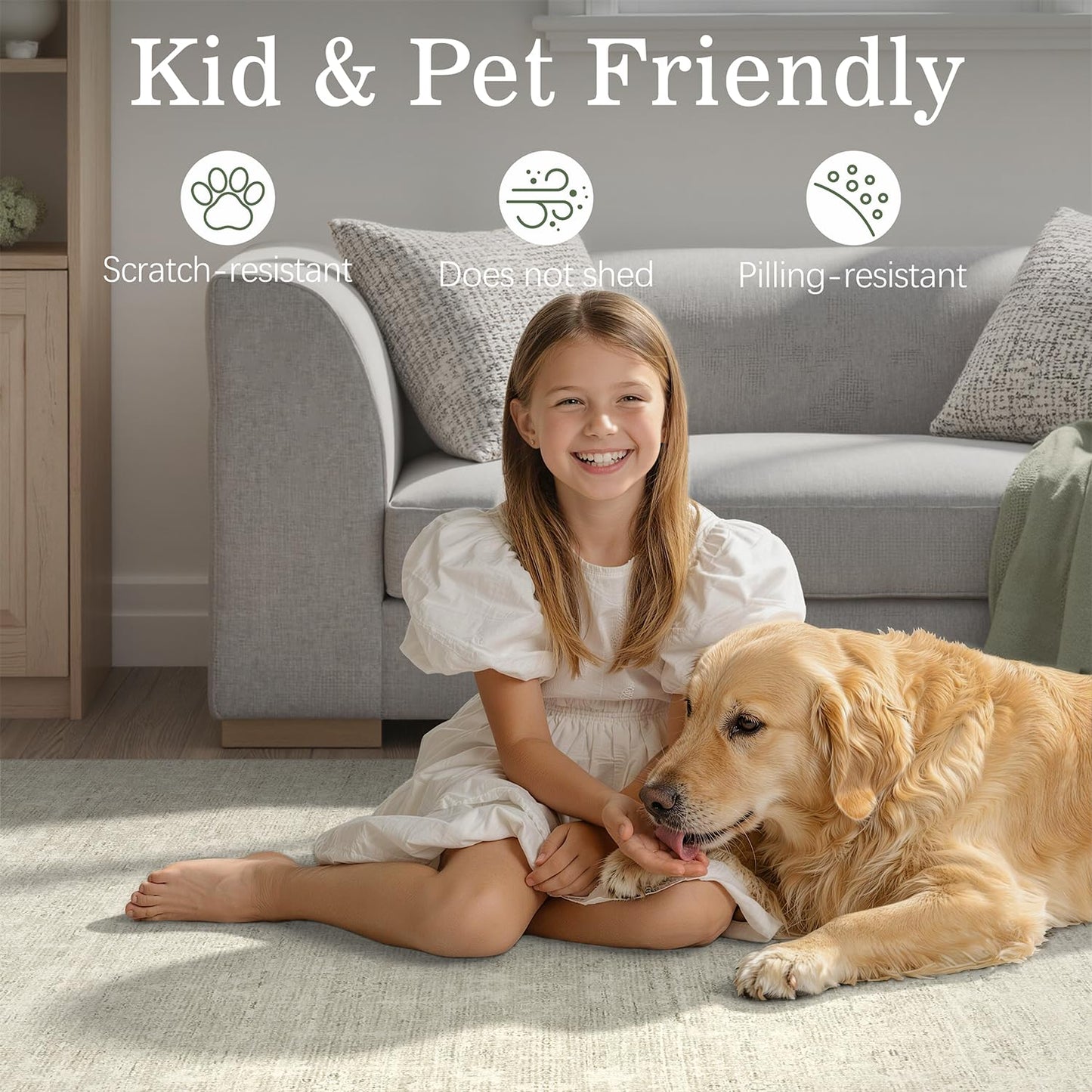 DCX 5x7 Beige Rug, Kid & Pet Friendly with Rubber Back Non Slip, Machine Washable Stain Resistant Neutral Floral Rug for Living Room, Bedroom, Home Office, Soft Low Pile Large Nursery Carpet