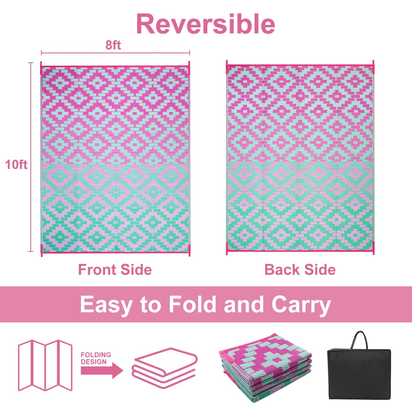 Anidaroel Ombre Outdoor Area Rugs 8x10 Waterproof, Reversible Plastic Straw Outside Rug for Patios Clearance, Large Outdoor Area Rug for RV Camping, Picnic, Camper, Backyard(Green&Pink,8‘x10')