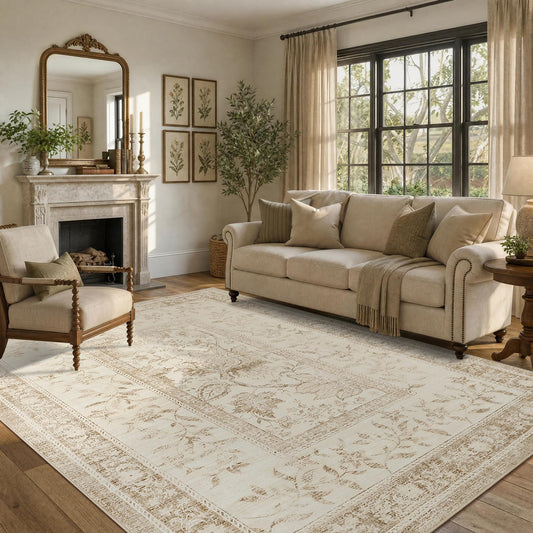GarveeHome Vintage Beige Area Rug 5x7 Washable Cottage Core Retro Farmhouse Low-Pile Stain Resistant Non-Slip Rugs for Bedroom Living Room Nursery Kitchen Home Office TPE Backing Indoor Decor
