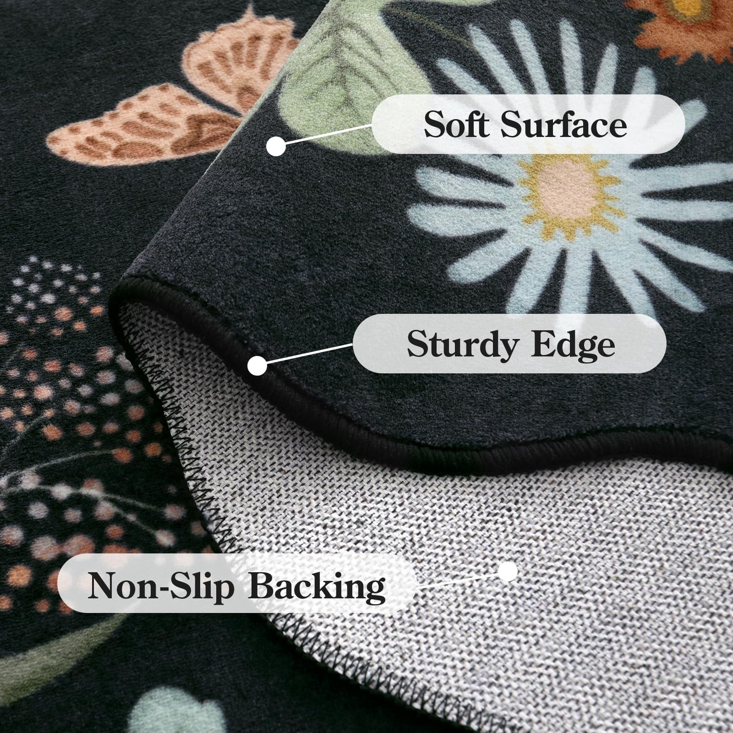 Lahome Floral Rugs for Living Room, 5x7 Area Rugs Ultra-Thin Soft Washable Rug, Non-Slip Bedroom Rug Stain Resistant Boho Flore Carpet for ‎Dining Room Office (5x7ft,Black/Grey)
