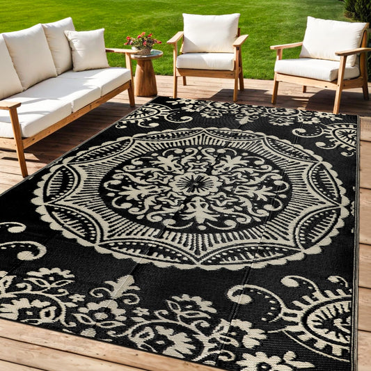 Capslpad 5x8 Outdoor Rug Waterproof Camel Boho Floral Patio Carpet Portable Plastic Straw Rug Foldable Outside Carpet with Carry Bag for RV Backyard Balcony Bench Picnic Porch