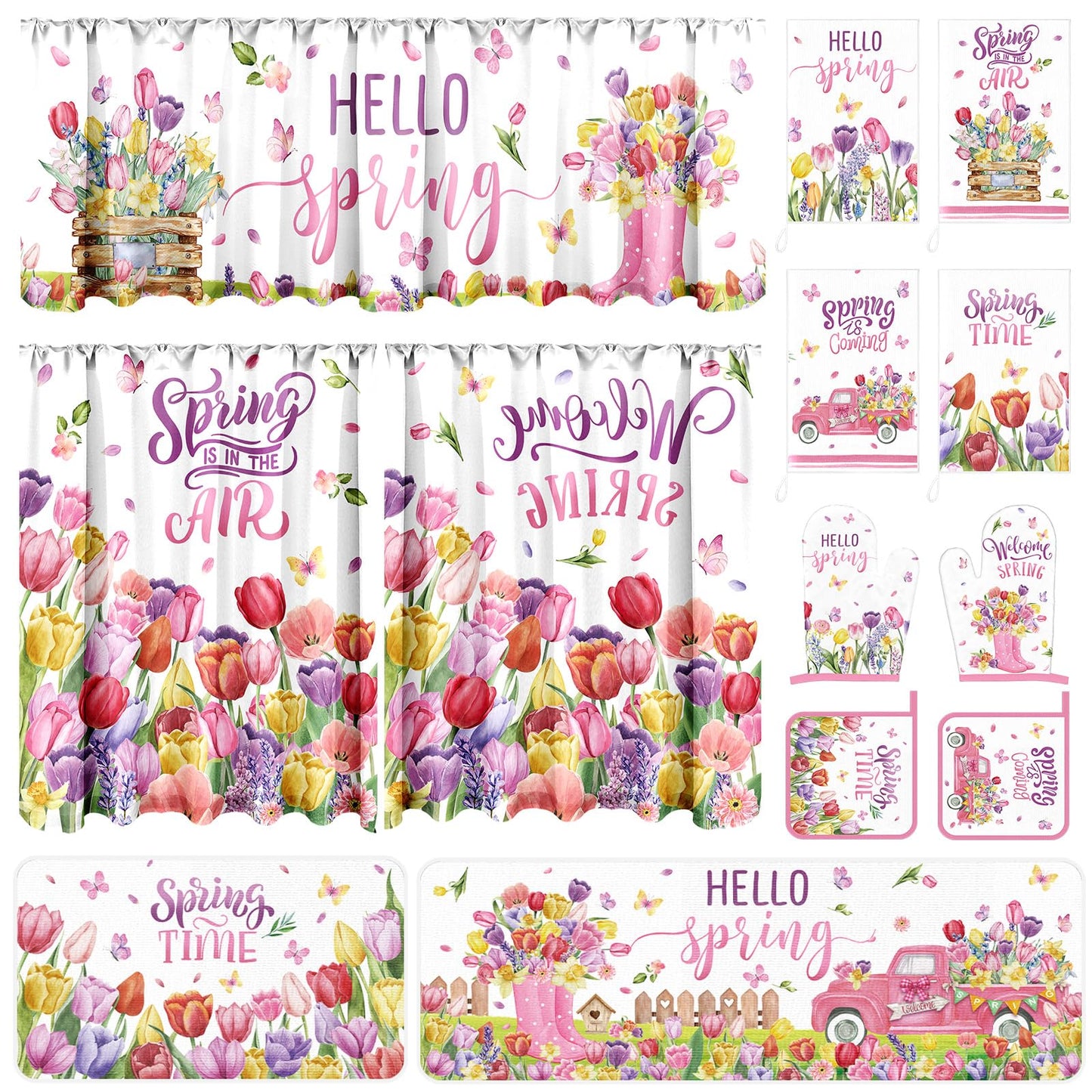 13 Pcs Hello Spring Kitchen Decor Set 3 Floral Kitchen Curtains Valance 2 Tulip Rugs and Mats 4 Spring Hand Towels 2 Paste Pot Holders 2 Oven Mitts for Home Decor Cooking Grilling Housewarming Gift