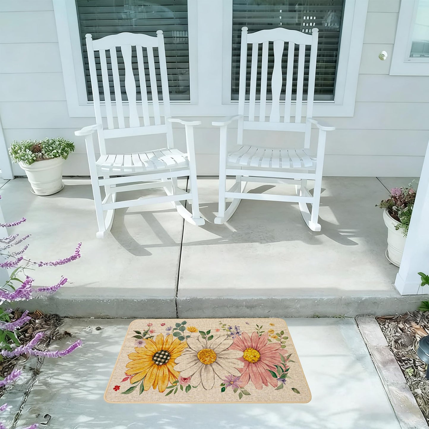 Baccessor Spring Summer Floral Doormat Outdoor Outside, Sunflower Daisy Flowers Door Mat Low-Profile Non-Slip Rubber Backing Entrance Front Seasonal Holiday Decoration 17x29 Inch