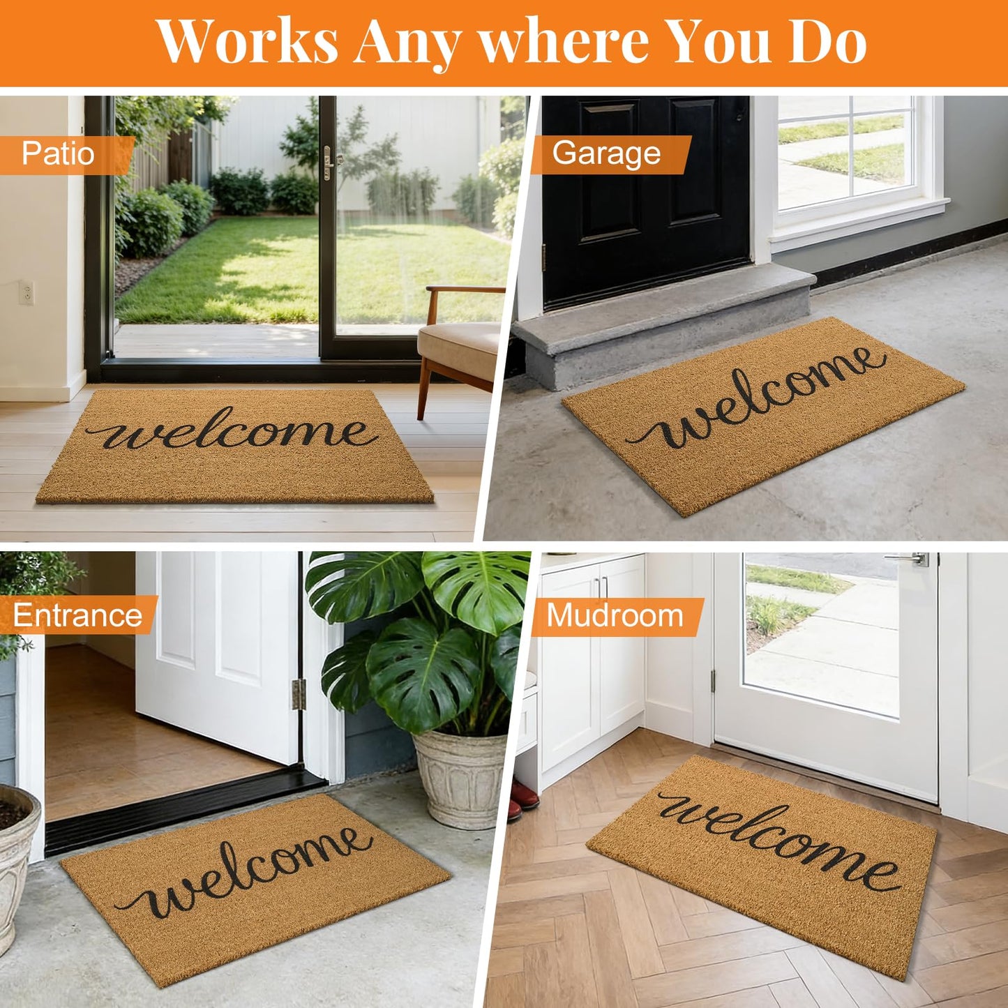 Kelarea Front Door Mat Natural Coco Coir Doormat with Heavy Duty Backing, 17" x 30" Welcome Entry Mats, Non-Slip Easy to Clean for Indoor Outdoor Entrance Porch