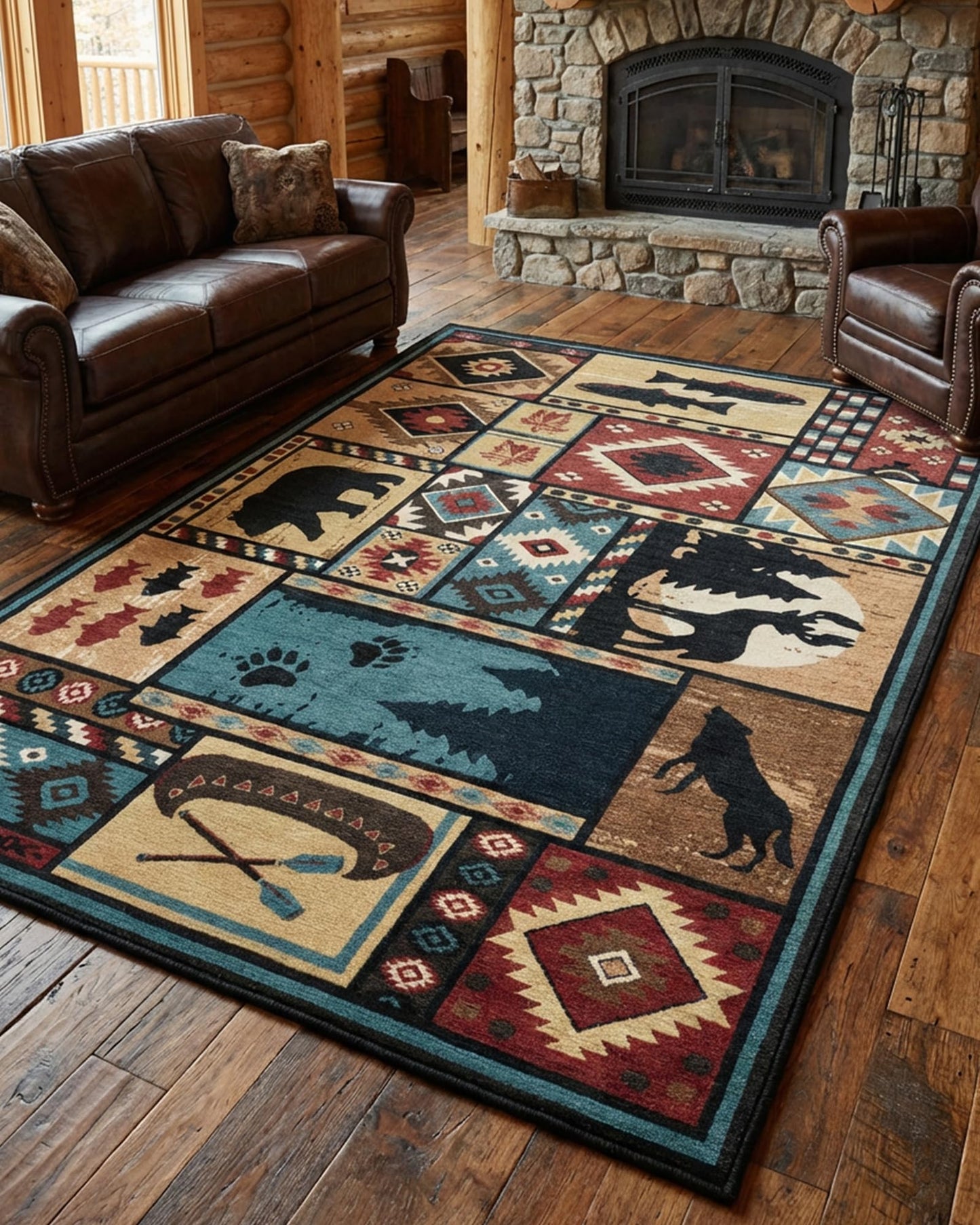 Yghgezl Rustic Rugs for Living Room, Washable Cabin Rug 5x7 Bear Area Rug Country Farmhouse Wildlife Hunting Lodge Rug for Bedroom Deer Moose Brown