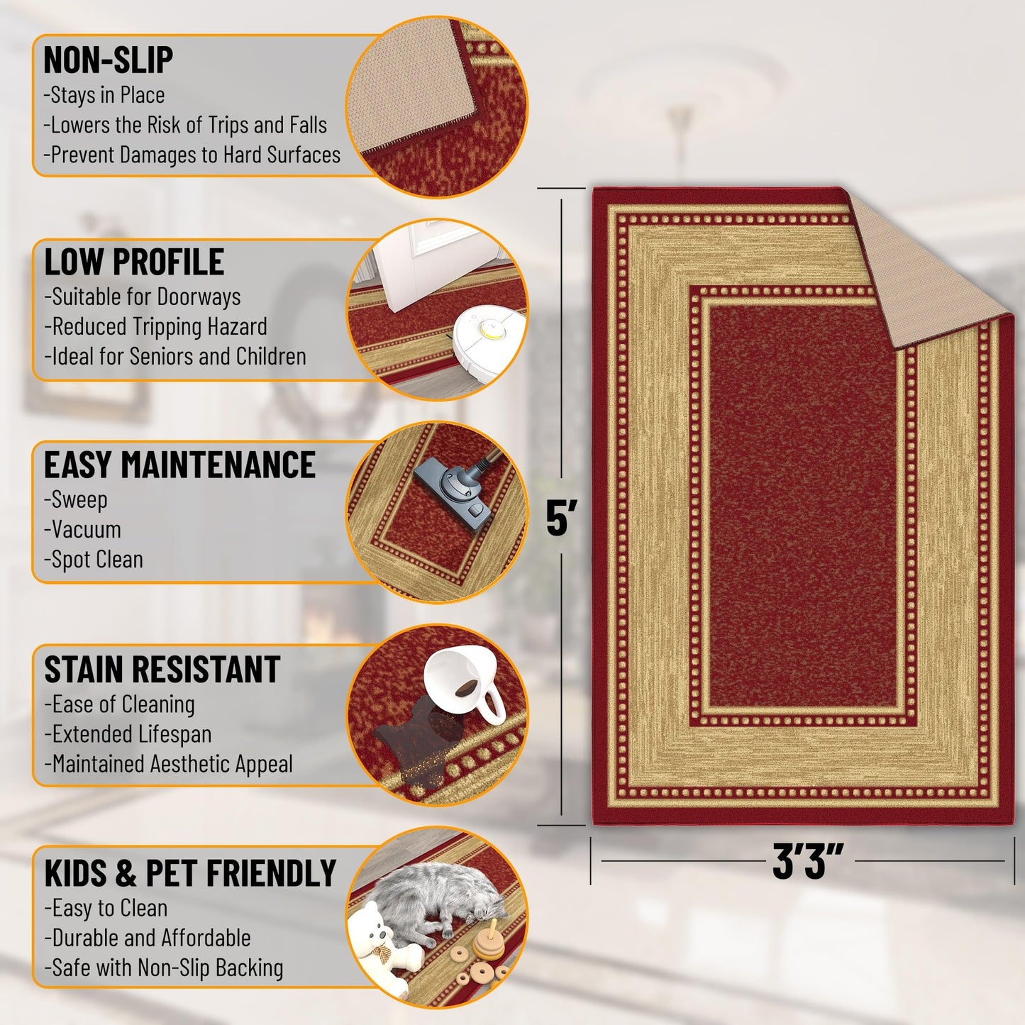 Ottomanson Area Rug 3'3" x 4'7" – Non Slip Rubber Backed Indoor Rug, Low Pile Accent Rug for Living Room, Bedroom, Entryway, Kitchen, Durable Floor Carpet, Border Red