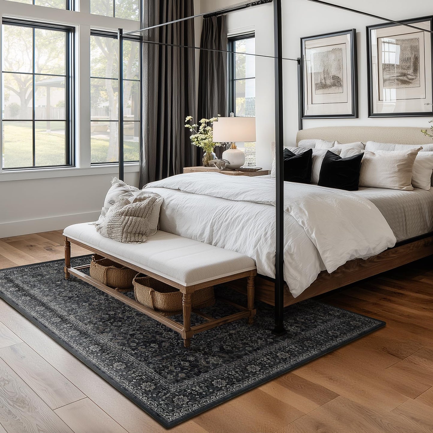 Jainmy Dark Area Rug 6x9, Vintage Earth Tone Rugs for Living Room Bedroom, Washable Non Slip Low Pile Thin Carpet Rug for Dining Room Guest Room Home Office, Farmhouse Distressed Midnight