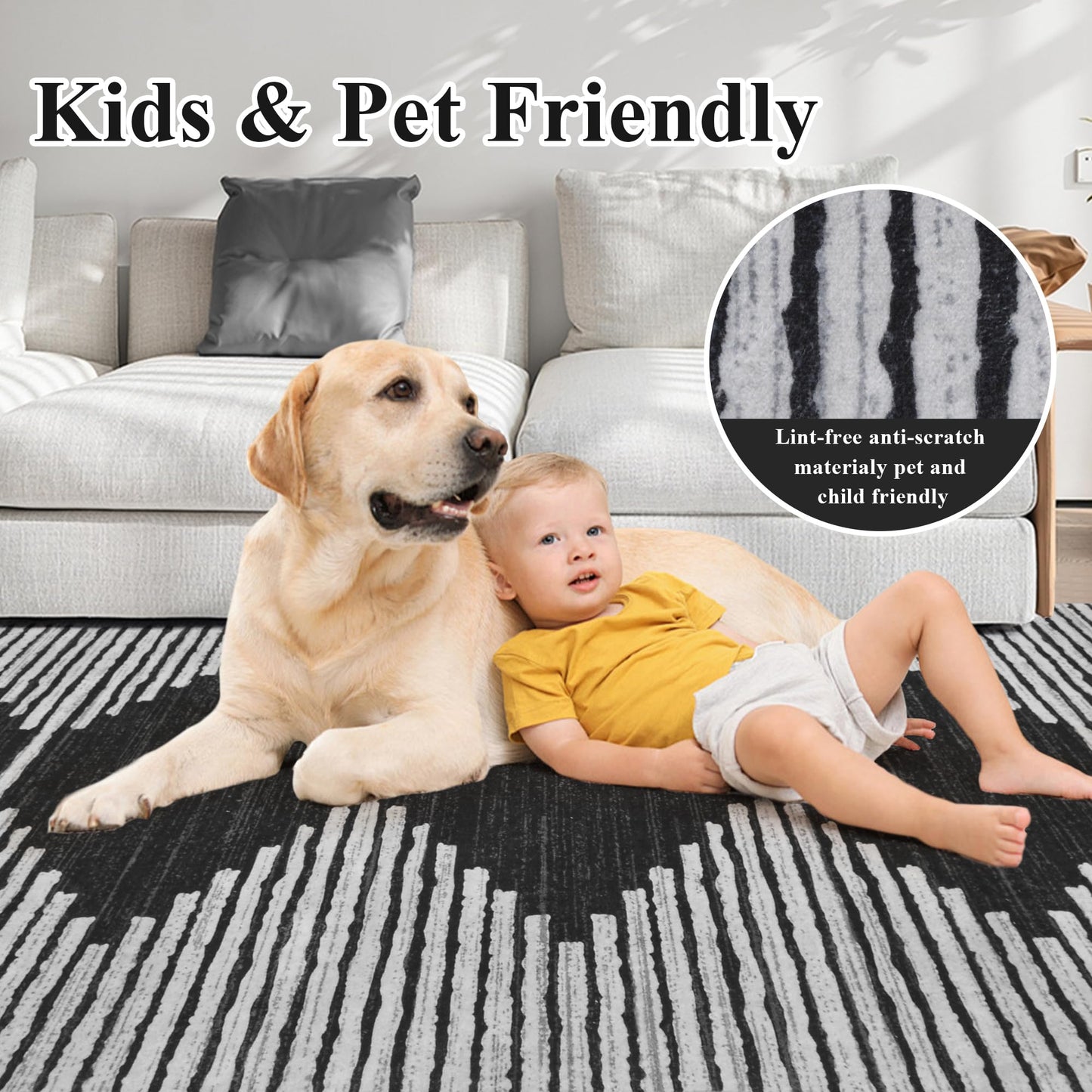 HelloTree Area Rug for Living Room Washable Geometric Moroccan Rug Stripe Farmhouse Bohemian Minimalistic Non Slip Non Shedding Ultra Thin Soft Rug for Bedroom Office DiningRoom Nursery-Black 5'x7'