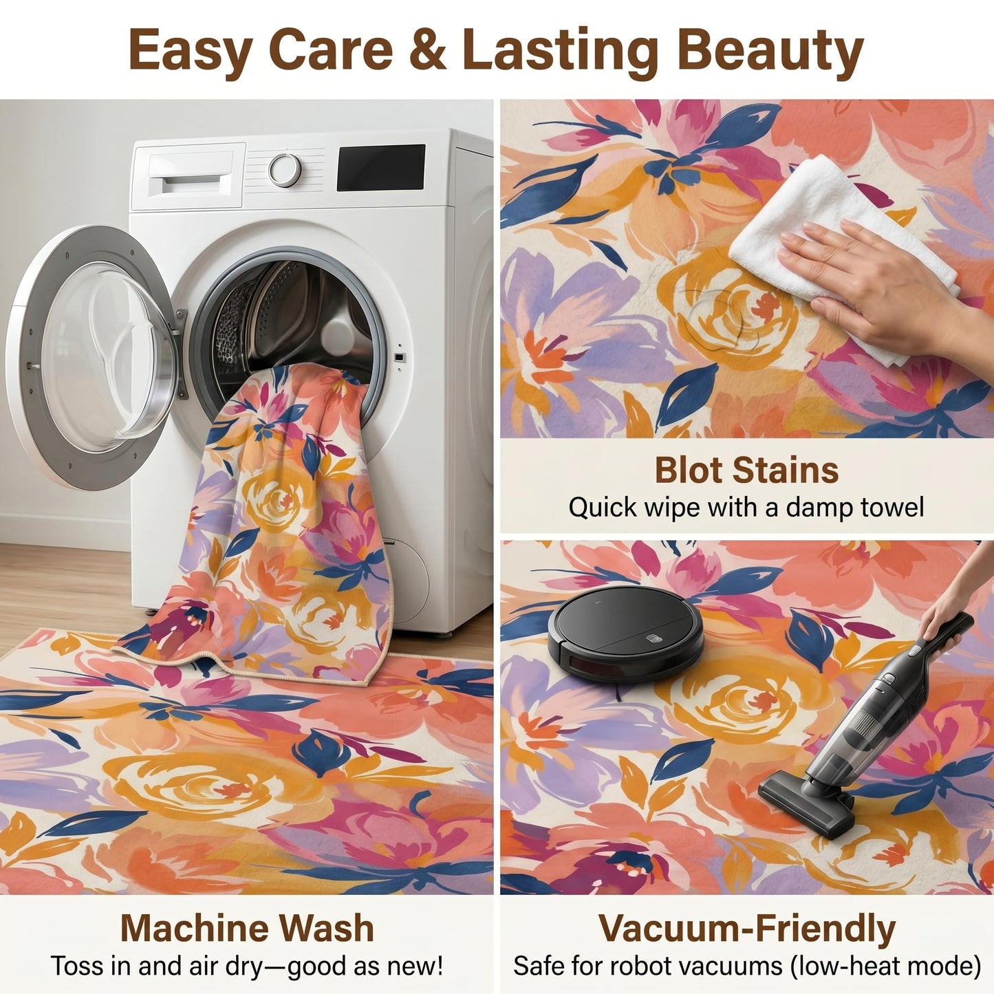 GraceSway 3x5 Washable Area Rug, Colorful Watercolor Floral Botanical Rug, Ultra Soft Faux Cashmere Low Pile Accent Carpet, Non Slip Foldable Pet Friendly Mat for Bedroom, Living Room, Girls Nursery