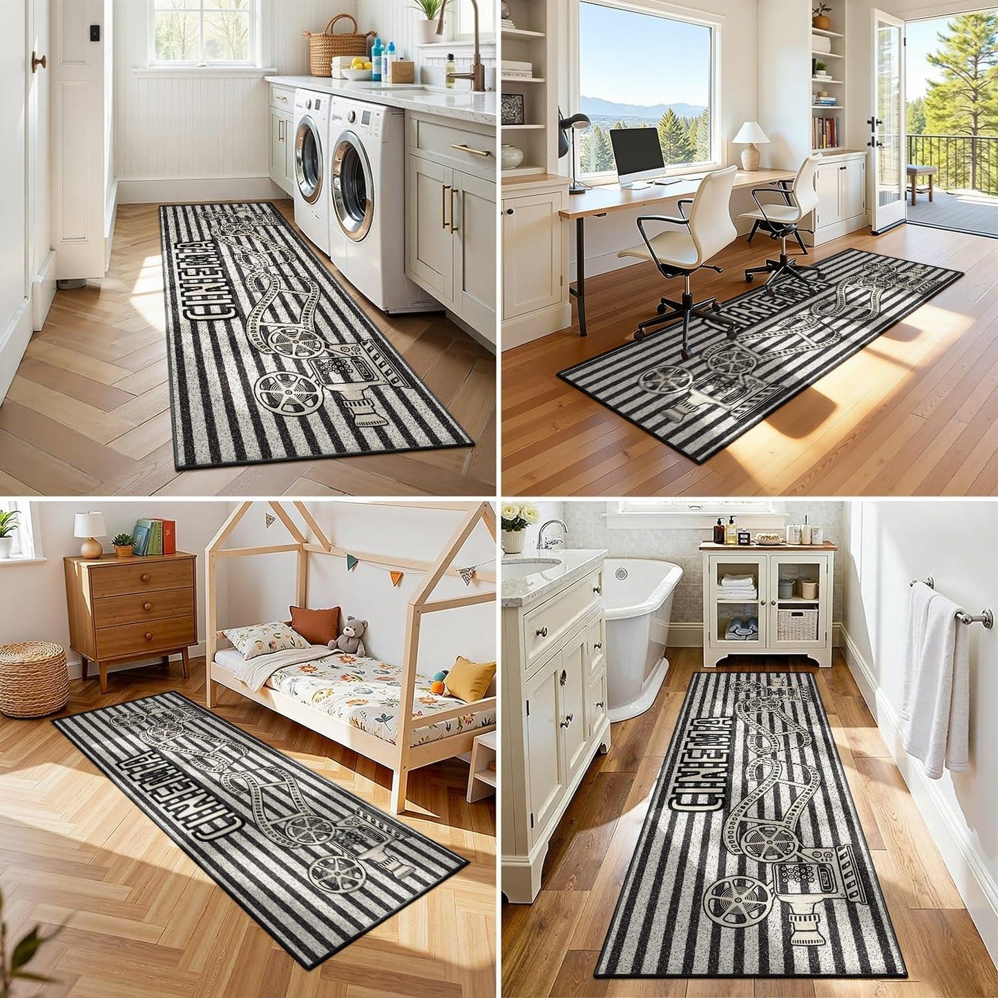 Movie Theme Area Rug, 1.3x7ft, Retro Movie Reel Vertical Black and White Striped Rug Runners for Hallways, Cozy Reduce Noise Film Lover Gift Decor Carpet for Living Room Kitchen