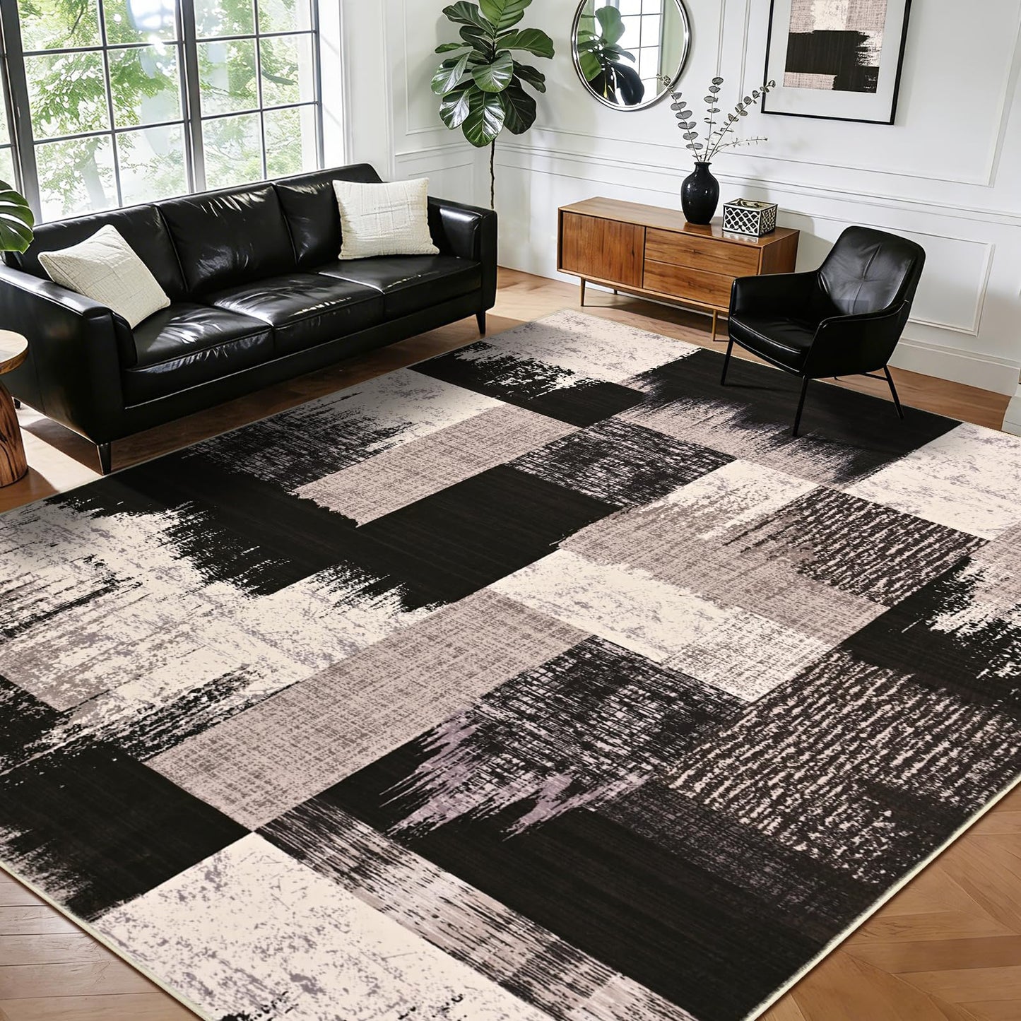 Yinhua Modern Geometric 8x10 Area Rugs, Patchwork Brown Rugs for Living Room Washable Abstract Rug Non Slip, Low Pile Bedroom Rug Stain Resistant, Mid Century Carpet for Dining Room, Office