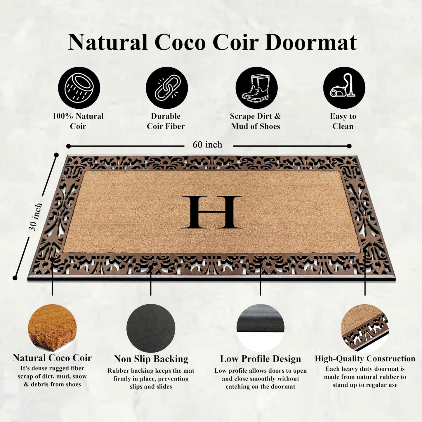 A1HC Natural Coir Doormat for Outside Entrance, Anti-Shed Treated Front Door Mat 30" x 60", Long Lasting Front Porch Entry Matt Monogrammed - H (Plain Bronze)