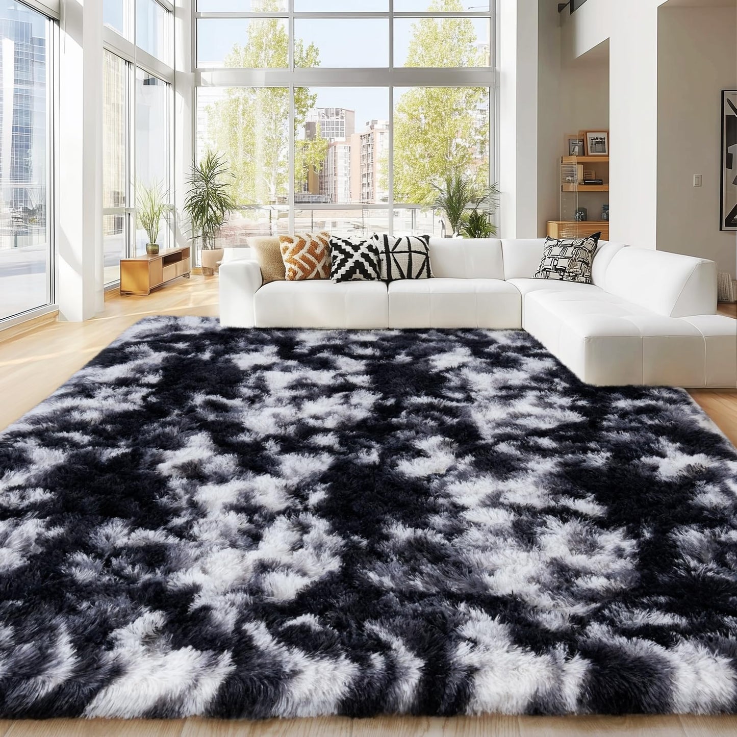 8x10 Area Rugs for Living Room Bedroom, Ultra Soft Fluffy Black and White Large Rug Carpet for Bedroom, Upgrade Non-Slip Fuzzy Shag Plush Rugs for Nursery Boys Girls Kids Room Modern Indoor Home Decor