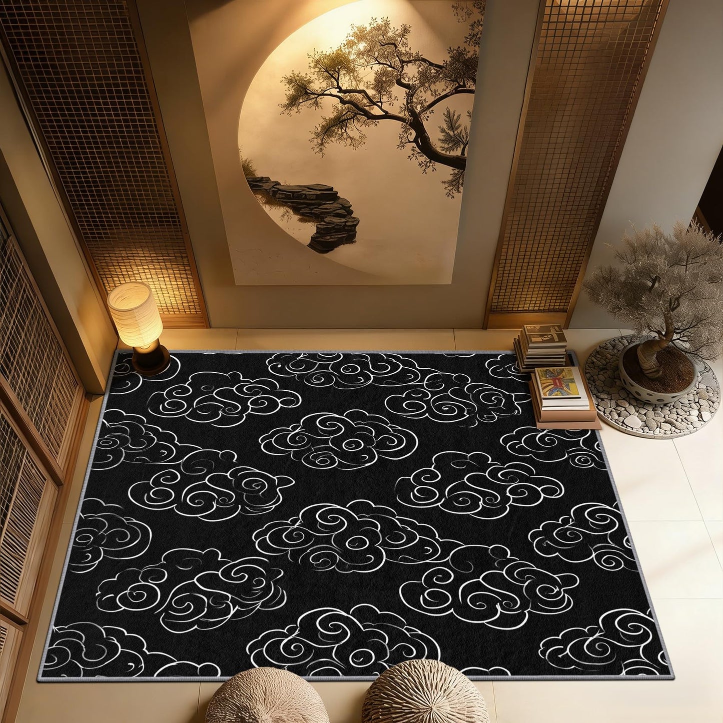 Aquailis Japanese Rugs for Living Room - 2x3 Rug, Cloud Area Rug, Black and White Washable Non Slip Soft Rugs, Asian Oriental Carpet, Minimalist Cloud Home Decor, Japanese Gifts for Women
