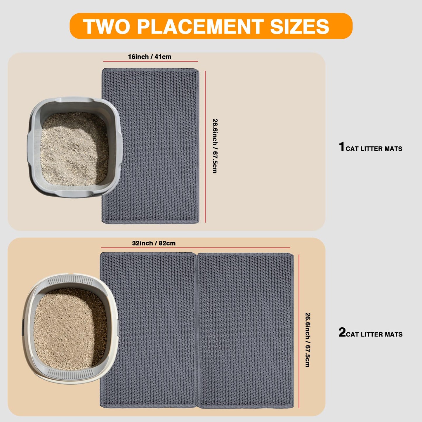 Cat Litter Mats (2-Pack) 26.6" x 16", Litter Box Mats with Double Layers, Urine-Proof and Non-Slip Litter Trapping Mats, Easy Clean Leakproof, Soft EVA Durable Anti-Scratch Kitty Litter Mat, Grey