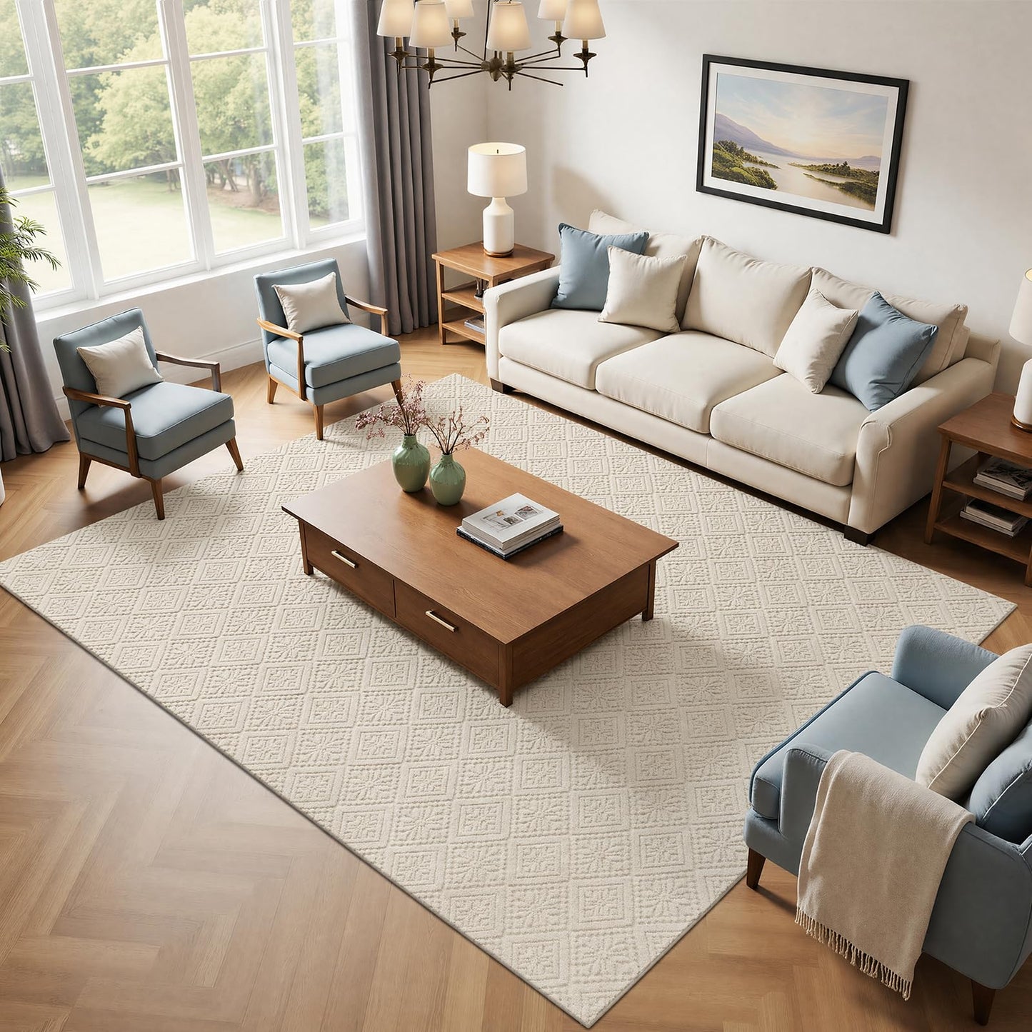 U'Artlines 8x10 Beige Washable Area Rug for Living Room, Soft Fluffy High Low Textured Carpet, Modern Neutral Geometric Non Slip Rugs for Bedroom Dining Room Kids Room