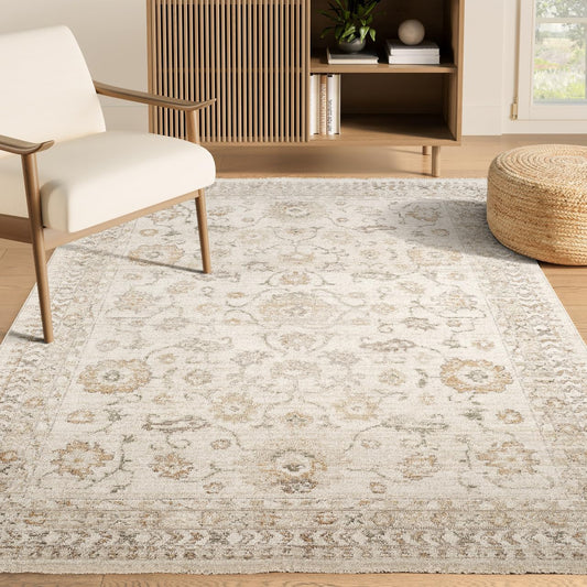 Abani Evelyn Collection Beige Area Rug - 4' x 6' - Floral Pattern, Non-Shedding - Easy to Clean, Durable for Living Rooms, Bedrooms & Offices, Pet & Kid Friendly