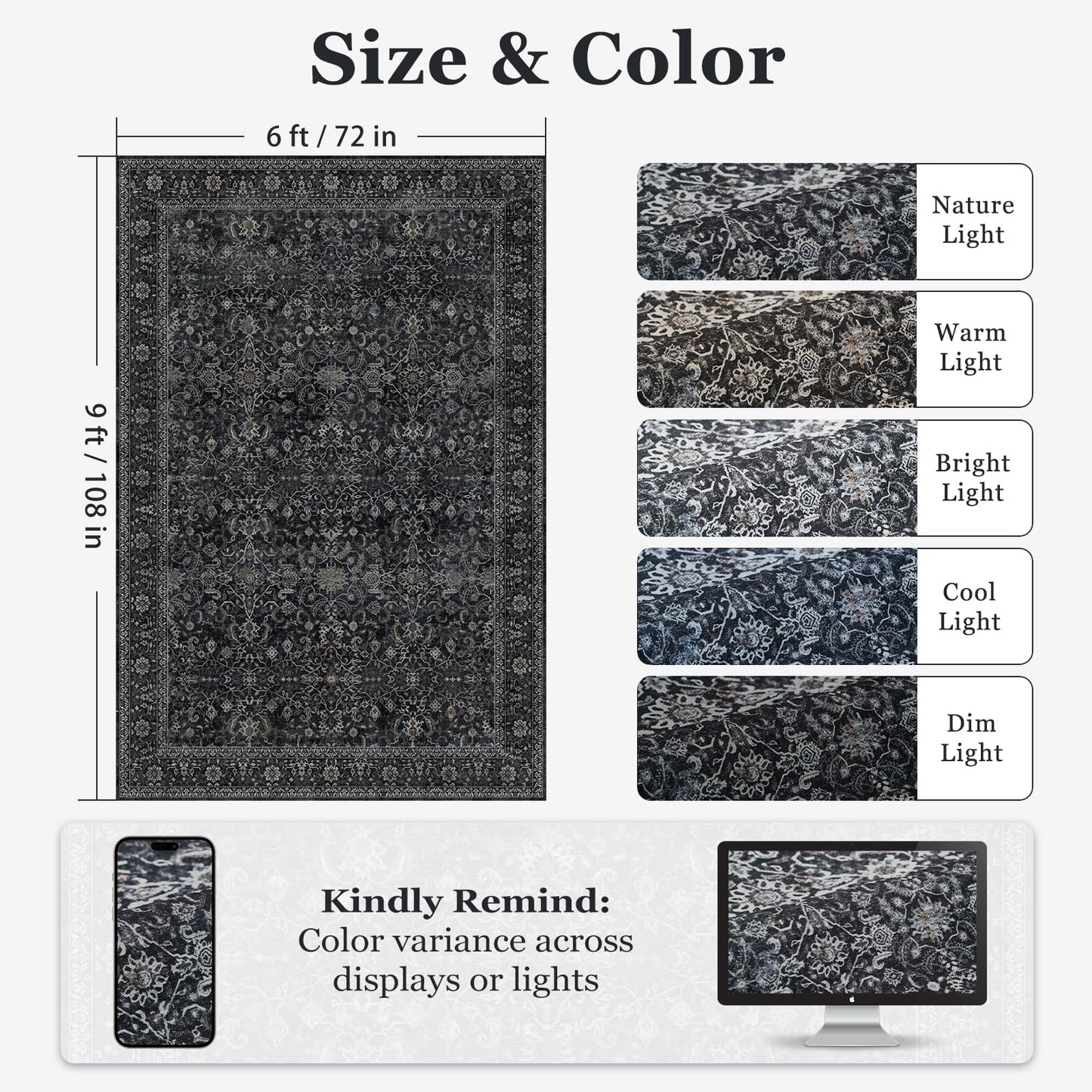 Jainmy Dark Area Rug 6x9, Vintage Earth Tone Rugs for Living Room Bedroom, Washable Non Slip Low Pile Thin Carpet Rug for Dining Room Guest Room Home Office, Farmhouse Distressed Midnight