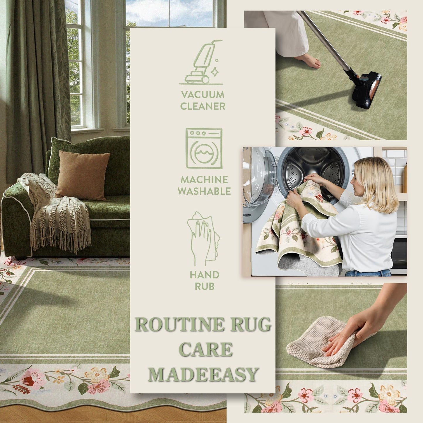 Lahome Floral 2x3 Rug, Green Kitchen Rugs Ultra-Thin Washable Scalloped Bathroom Rug Indoor Mats for Entryway Non-Slip, Boho Stain Resistant Small Throw Rugs for Bedroom Ariele（Green）