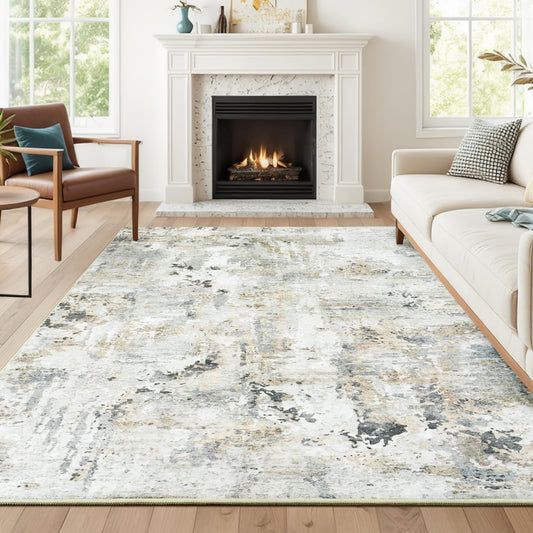 Carpelux 5x7 Area Rugs, Neutral Machine Washable Rugs for Living Room, Abstract Modern Soft Non-Slip Thin Print Floor Carpet for Bedroom Kids Room, Brown/Grey
