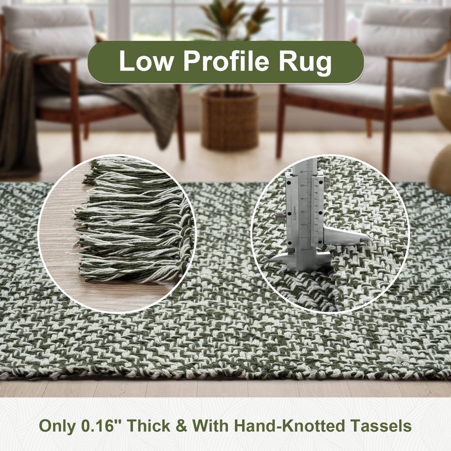 Collive Small Bathroom Rug, 2' x 3' Hand-Woven Low Profile Front Entryway Rug, Olive Green/Cream Cotton Reversible Washable Kitchen Mat Modern Farmhouse Carpet for Foyer Bedroom Back Door Decor